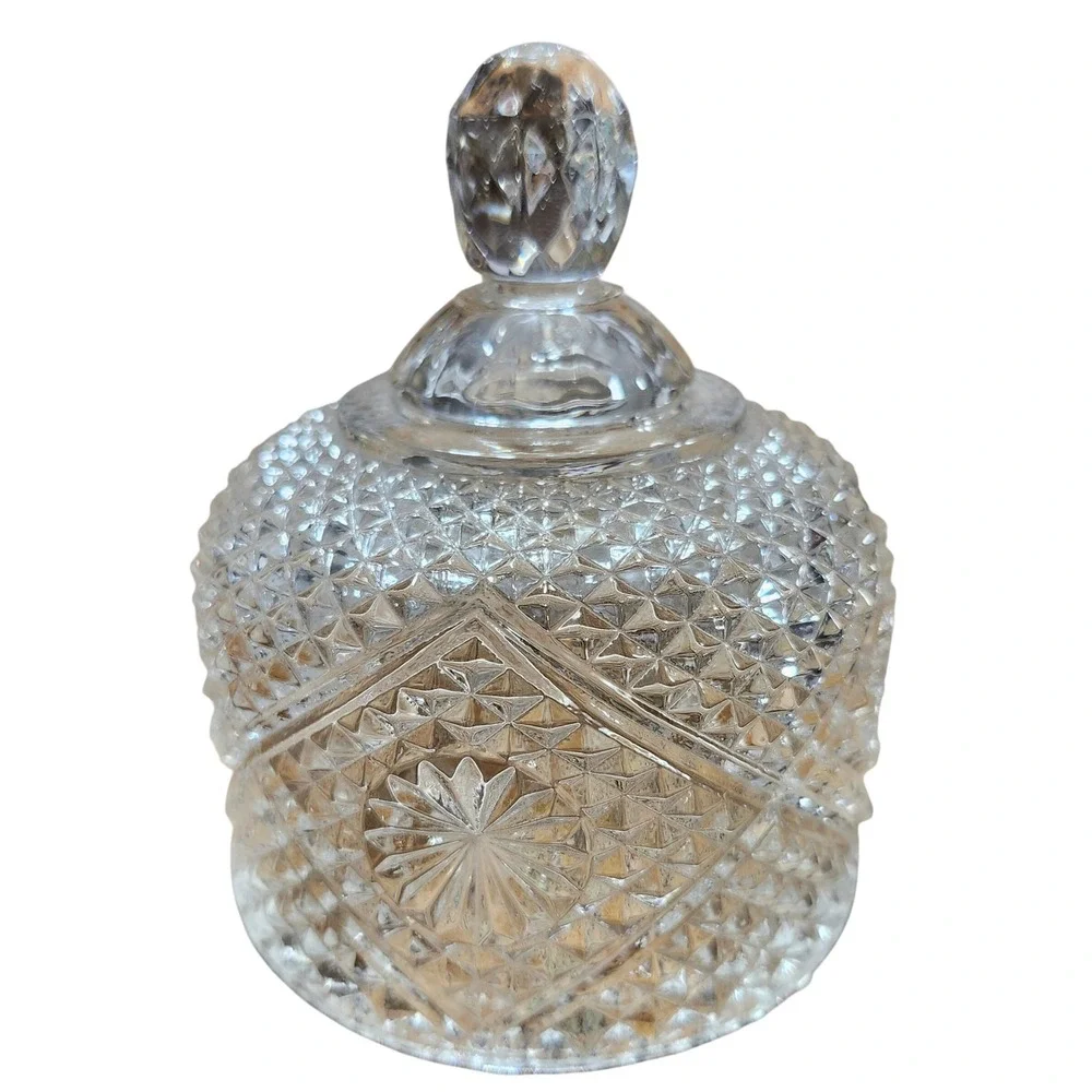 Vintage Fostoria Avon Clear Pressed Glass Candy Dish with Lid Diamond Starburst